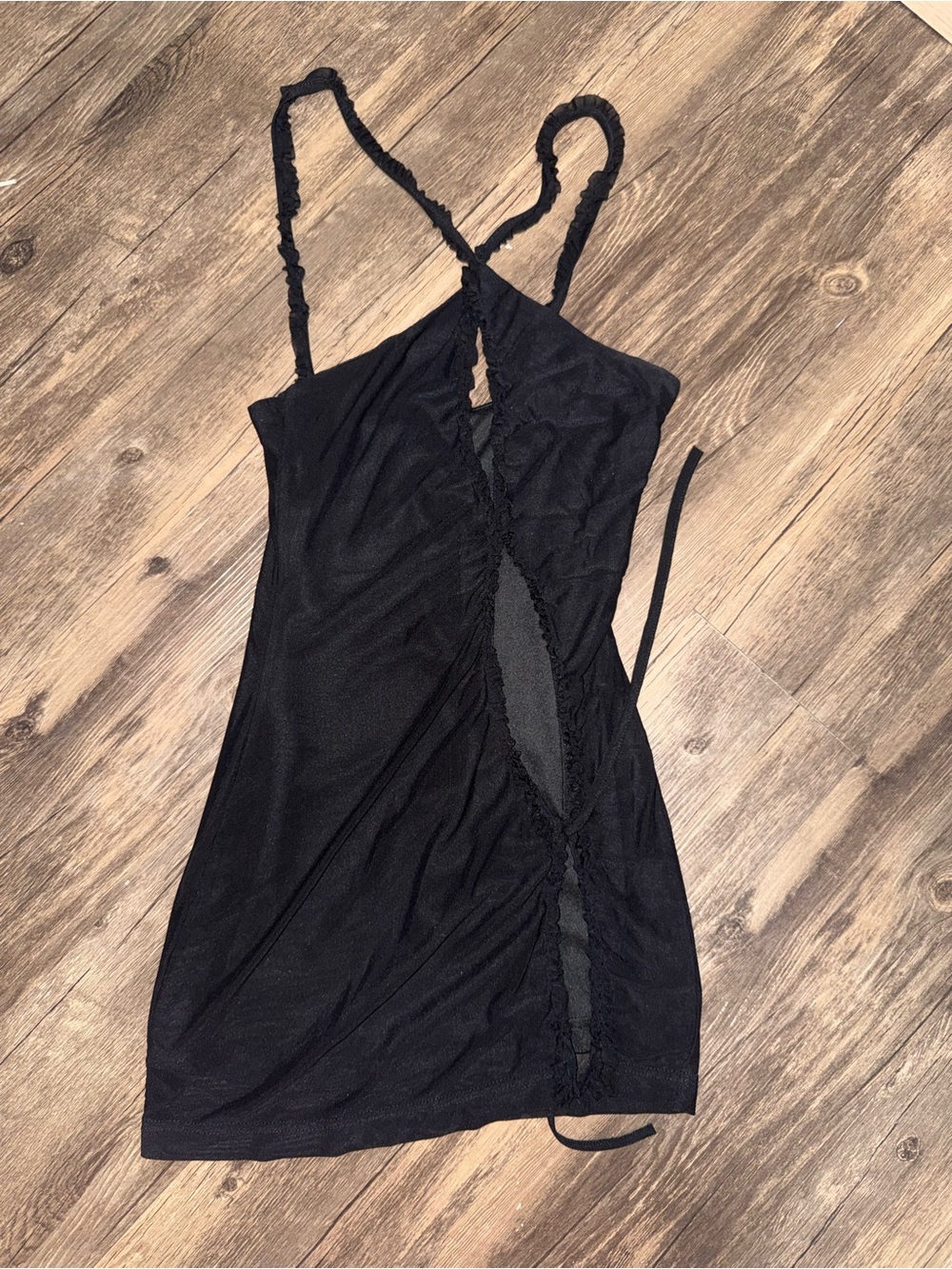 Peppermayo Black Ruched Side Cutout Mini Dress